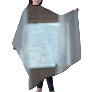 Personality  View Of Blue Sea From Trailer Window With Curtains Hair Cutting Cape