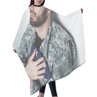 Personality  Partial View Of Depressed Military Man Sitting By White Wall And Holding Usa Military Man Near Heart Hair Cutting Cape