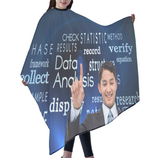 Personality  Composite Image Of Smiling Asian Businessman Pointing Hair Cutting Cape