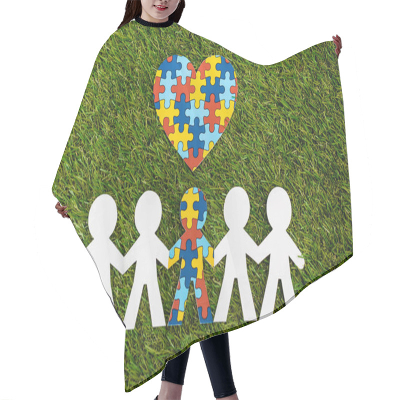 Personality  Top View Of Special Kid With Autism Among Another And Decorative Puzzle Heart On Green Hair Cutting Cape