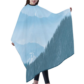Personality  Scenic View Of Snowy Mountains With Pine Trees And White Fluffy Clouds, Panoramic Shot Hair Cutting Cape
