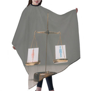 Personality  Male And Female Symbols On Scales On Wooden Table On Grey, Gender Equality Concept Hair Cutting Cape
