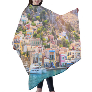 Personality  View Of The Beautiful Greek Island Of Symi (Simi) With Colourful Houses And Small Boats. Greece, Symi Island, View Of The Town Of Symi (near Rhodes), Dodecanese. Hair Cutting Cape