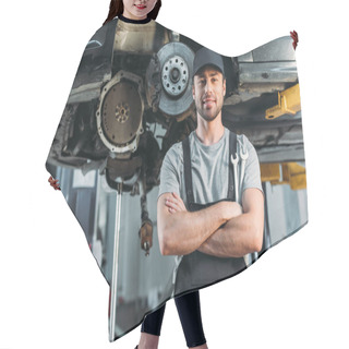Personality  Smiling Workman Posing With Crossed Arms In Auto Mechanic Shop Hair Cutting Cape