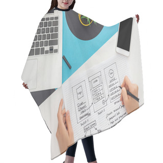 Personality  Cropped View Of Woman Holding Website Design Template And Felt-tip Pen Near Laptop, Smartphone, Plant On Abstract Geometric Background Hair Cutting Cape