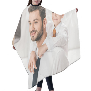 Personality  Cheerful Boy Embracing Bearded Dad In White Shirt At Home Hair Cutting Cape