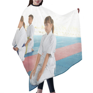 Personality  Children In Kimono Sitting On Tatami Outdoors. Karate Practice Hair Cutting Cape