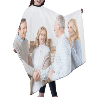Personality  Couple Of Middle Aged Man And Woman Greeting Their Friends As Guests And Shaking Hands Hair Cutting Cape