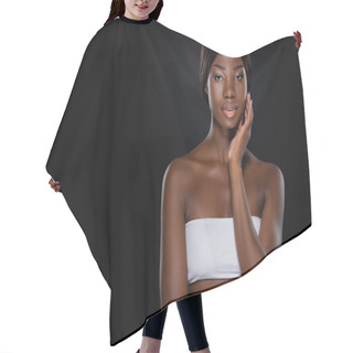 Personality  African American Woman With Hand Near Face Looking Art Camera Isolated On Black Hair Cutting Cape