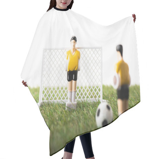 Personality  Selective Focus Of Toy Football Players, Gates And Ball On Green Grass Isolated On White, Sports Betting Concept Hair Cutting Cape