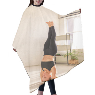 Personality  Attractive Girl Doing Handstand In Yoga Studio  Hair Cutting Cape