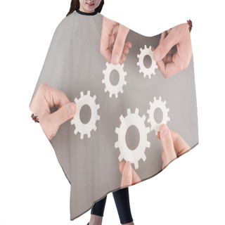 Personality  Cropped View Of People Holding White Gears On Grey Background Hair Cutting Cape