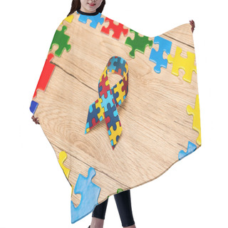Personality  High Angle View Of Awareness Ribbon With Pieces Of Puzzle On Wooden Background, Autism Concept Hair Cutting Cape