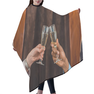 Personality  Cropped View Of African American Man And Woman Clinking Champagne Glasses In Private Plane  Hair Cutting Cape