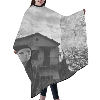 Personality  Masked Figure Behind Threaded Window Hair Cutting Cape