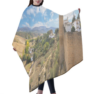 Personality  Panoramic View Of Fortress Walls And Scenic Valley In Ronda. And Hair Cutting Cape