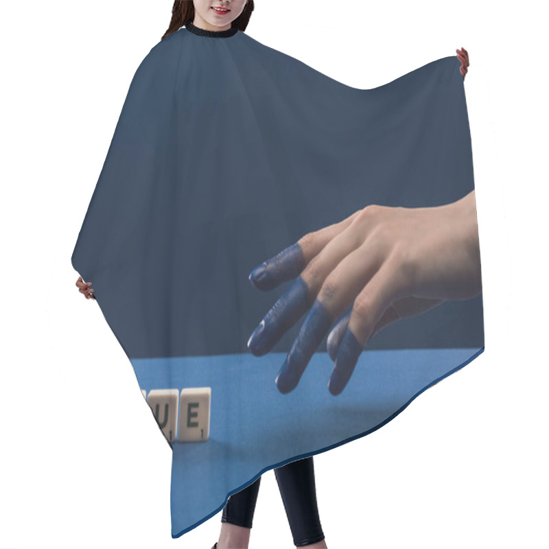 Personality  Cropped View Of Female Hand With Painted Fingers Near Cubes With Blue Lettering Isolated On Blue Hair Cutting Cape