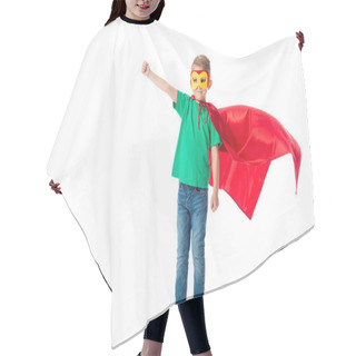 Personality  Full Length View Of Smiling Preschooler Boy In Mask And Red Hero Cloack Standing With Fist Up Isolated On White Hair Cutting Cape