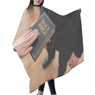 Personality  Cropped View Of Witness Giving Swear On Bible Near Bailiff In Court Hair Cutting Cape