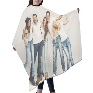 Personality  Smiling Group Of Friends With Dog Hair Cutting Cape