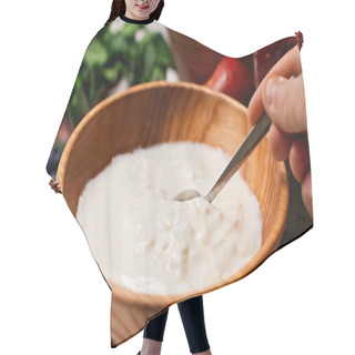 Personality  Partial View Of Man Holding Spoon Near Yogurt In Bowl Hair Cutting Cape