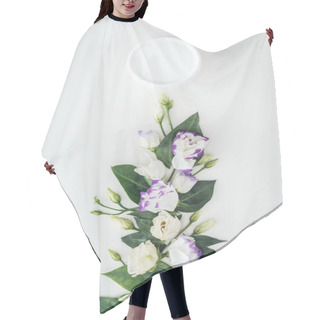 Personality  Top View Of Composition With Eustoma And Beauty Cream In Bottle On White Background Hair Cutting Cape