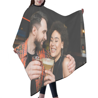 Personality  Positive Man Holding Negroni Cocktail And Hugging Young African American Friend In Bar  Hair Cutting Cape