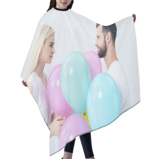 Personality  Man And Beautiful Girl With Balloons Looking At Each Other Isolated On Grey Hair Cutting Cape