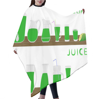 Personality  Illustration On Theme Big Kit Different Types Glassware, Feijoa Jugs Various Size. Glassware Consisting Of Organic Plastic Jugs For Fluid Feijoa. Jugs Of Feijoa Is Glassware Standing On Wooden Table. Hair Cutting Cape