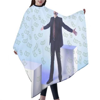 Personality  Businessman In Black Suit With Outstretched Arms Standing On White Block With Falling Dollar Banknotes On Blue Hair Cutting Cape