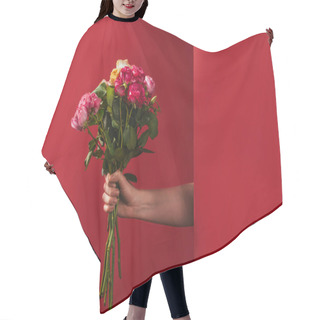 Personality  Cropped Shot Of Person Holding Beautiful Bouquet Of Roses On Red  Hair Cutting Cape