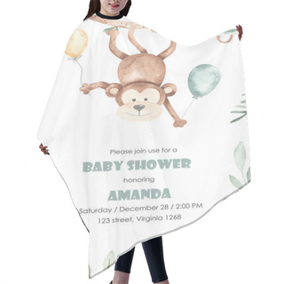 Personality  Cute Monkey On Liana With Balls And Tropical Leaves. Watercolor Baby Shower Hair Cutting Cape