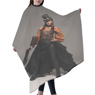 Personality  Full Length View Of Attractive Steampunk Woman Holding Guy On Grey Hair Cutting Cape