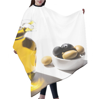 Personality  Olive Oil In Bottle Near Green And Black Olives In Bowl On White Background Hair Cutting Cape