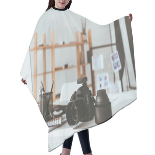 Personality  Workspace With Photo Camera Hair Cutting Cape