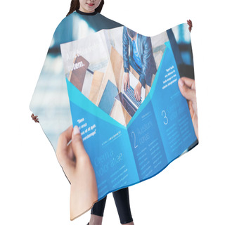 Personality  Hands Holding A Business Brochure, Close Up Hair Cutting Cape