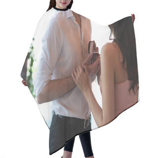 Personality  Cropped View Of Man Making Proposal To Happy Girlfriend In Slip Dress Hair Cutting Cape