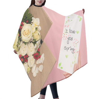 Personality  Cropped View Of Woman Holding I Love You Spring Card Near Bouquet Of Flowers In Cardboard Box On Pink Background Hair Cutting Cape