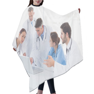 Personality  Doctors Using A Laptop Together Hair Cutting Cape