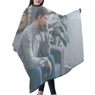 Personality  Man Sitting On Couch And Crying At Home, Grieving Disorder Concept Hair Cutting Cape