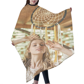 Personality  Portrait Of Young Boho Style Woman Posing Near Dream Catcher In Cottage Of Retreat Center Hair Cutting Cape