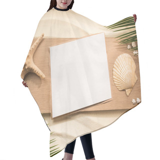 Personality  Flat Lay With Palm Leaves, Blank Paper, Sea Star And Seashells On Wooden Plank On Sand Hair Cutting Cape