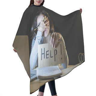Personality  Young Tired And Stressed Student Working Late At Night On Laptop Holding HELP Sign. Hair Cutting Cape