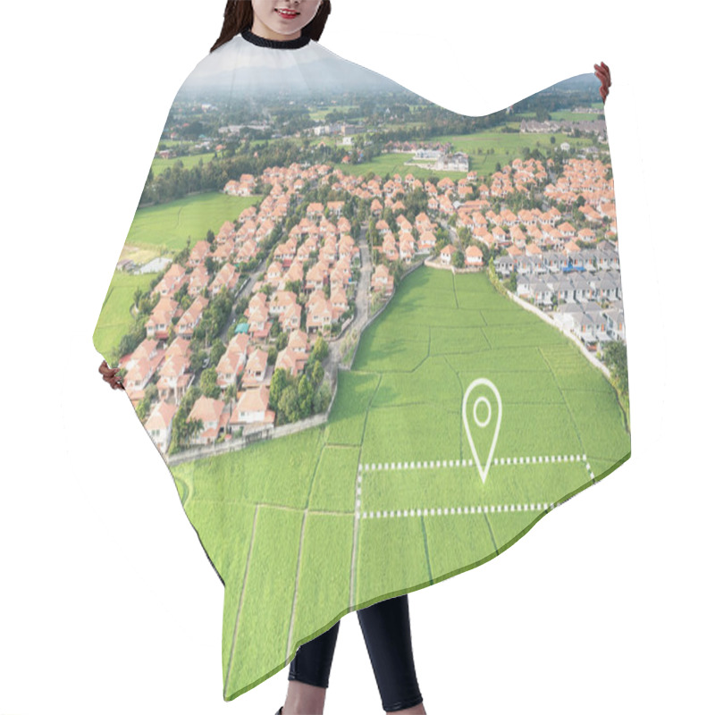 Personality  Land plot in aerial view. Identify registration symbol of vacant area for map. Real estate or property for business of home, house or residential i.e. construction, development, sale, buy, investment. hair cutting cape