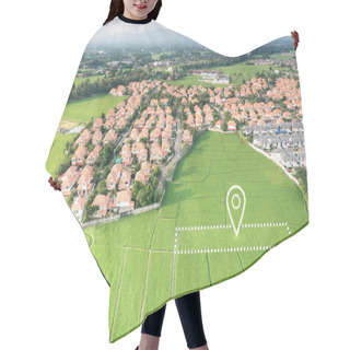 Personality  Land Plot In Aerial View. Identify Registration Symbol Of Vacant Area For Map. Real Estate Or Property For Business Of Home, House Or Residential I.e. Construction, Development, Sale, Buy, Investment. Hair Cutting Cape