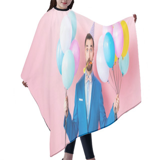Personality  Panoramic Shot Of Businessman In Party Cap Holding Balloons On Pink  Hair Cutting Cape