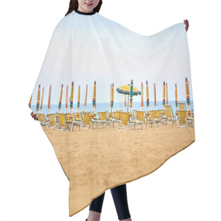 Personality  Empty Sun Lounges And Closed Parasols On The Beach Hair Cutting Cape