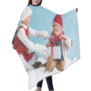 Personality  Children In Hats And Winter Outfit Sitting On Snow And Touching Present Isolated On Blue Hair Cutting Cape