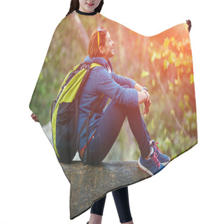 Personality  Woman Hiker Smiling Standing Outside In Forest With Backpack Hair Cutting Cape