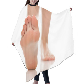 Personality  Female Bare Feet On White Background Hair Cutting Cape